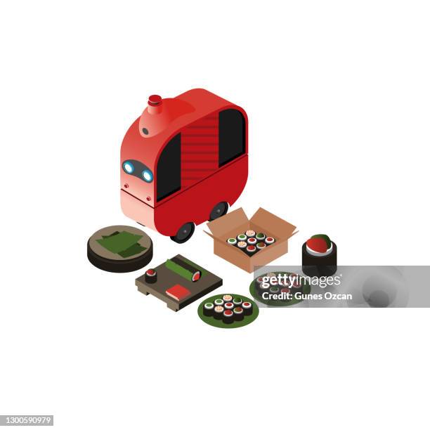 isometric fresh sushi delivery - robot food delivery - foodie stock illustrations
