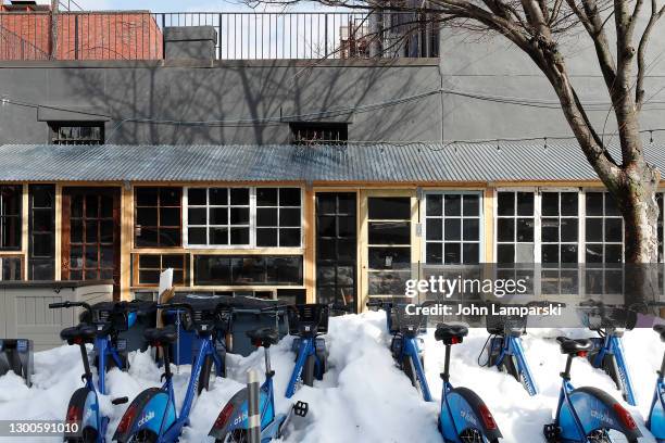 An outdoor dining area is seen at the San Pedro Inn in Red Hook in Brooklyn on February 05, 2021 in New York City. The pandemic continues to burden...