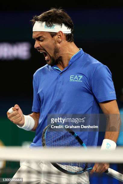 Fabio Fognini of Italy celebrates match point against Pablo Carreno Busta of Spain during day five of the 2021 ATP Cup at John Cain Arena on February...