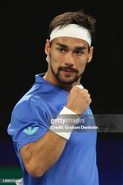 Fabio Fognini of Italy celebrates a point against Pablo Carreno Busta of Spain during day five of the 2021 ATP Cup at John Cain Arena on February 06,...