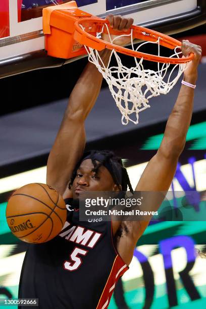 Precious Achiuwa of the Miami Heat dunks against the Washington Wizards during the second quarter at American Airlines Arena on February 05, 2021 in...