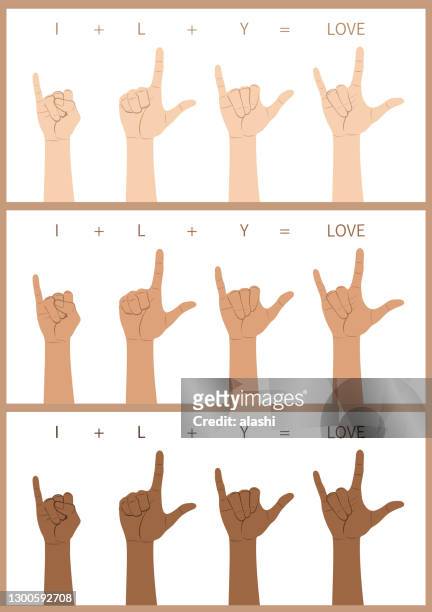 multi-ethnic hände zeigen i love you in amerikanischer gebärdensprache - pistole imitieren stock-grafiken, -clipart, -cartoons und -symbole