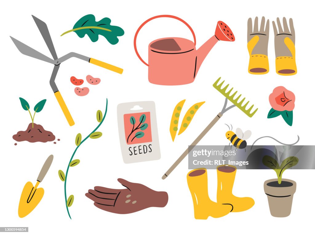 Illustrazione di elementi di giardinaggio — elementi vettoriali disegnati a mano
