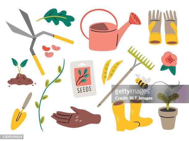 ilustrações de stock, clip art, desenhos animados e ícones de illustration of gardening elements — hand-drawn vector elements - garden