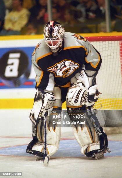 Mike Dunham of the Nashville Predators skates against the Toronto Maple Leafs during NHL game action on October 19, 1998 at Maple Leaf Gardens in...