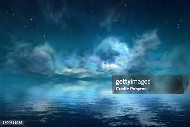 fantastische nachtlandschaft - meerlandschaft stock-grafiken, -clipart, -cartoons und -symbole