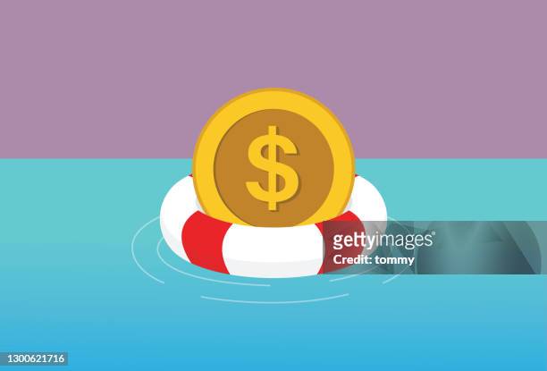 us-dollar-münze schwimmt mit einer rettungsboje im meer - buoy stock-grafiken, -clipart, -cartoons und -symbole