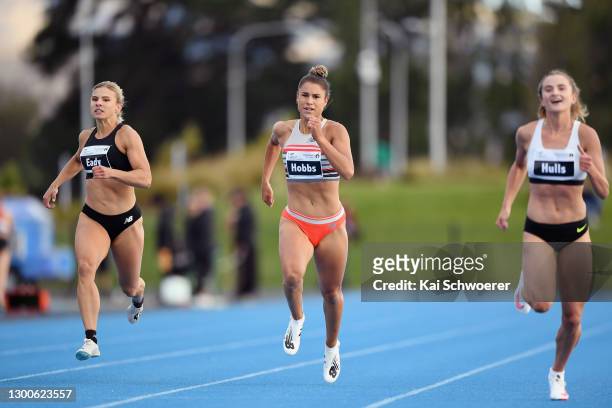 Natasha Eady, Zoe Hobbs and Georgia Hulls compete in the Women's 200 m during the New Zealand International Track Meet at Nga Puna Wai Sports Hub on...