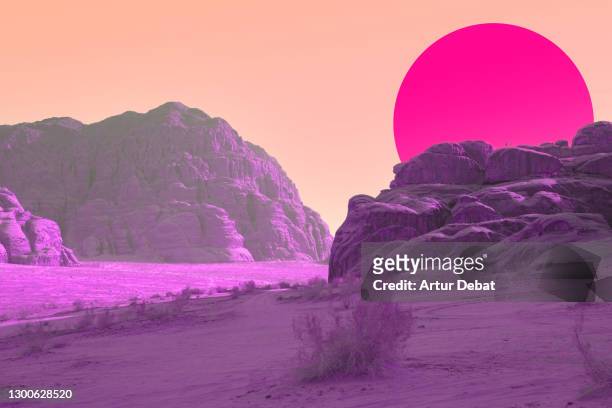 surreal colorful landscape with vivid colors and big sunset sun. - trippy stock pictures, royalty-free photos & images
