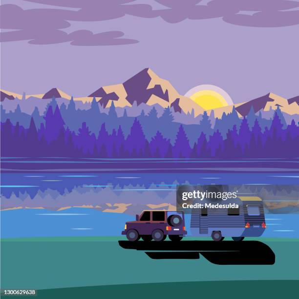 wohnwagen - landschaft sommer freigestellt stock-grafiken, -clipart, -cartoons und -symbole