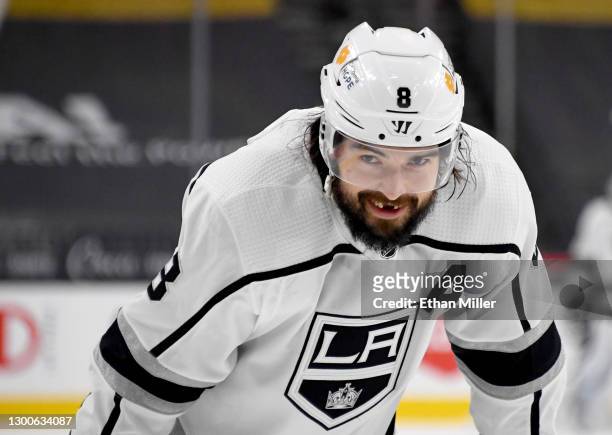 Drew Doughty of the Los Angeles Kings waits for a faceoff in the third period of a game against the Vegas Golden Knights at T-Mobile Arena on...