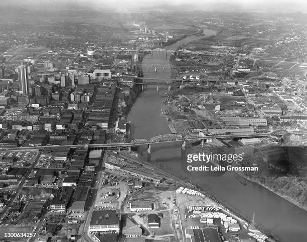 An aerial view of the Cumberland River 1961 in downtown Nashville, Tennessee.