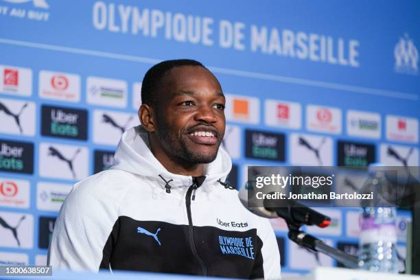 Steve Mandanda speaks during an Olympique de Marseille press conference at Centre Robert-Louis Dreyfus on February 05, 2021 in Marseille, France.