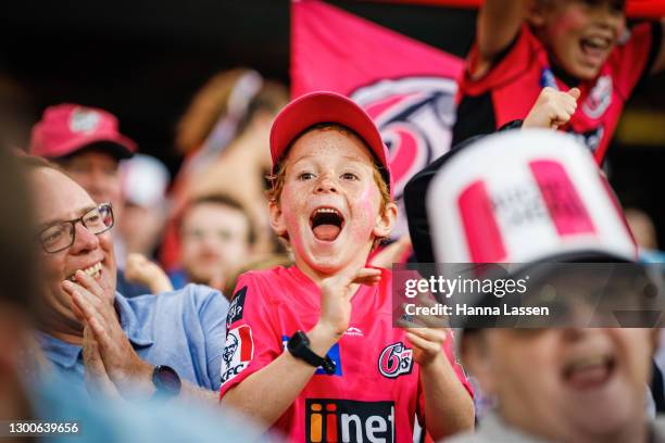 Fans react during the Big Bash League Final match between the Sydney Sixers and the Perth Scorchers at the Sydney Cricket Ground on February 06, 2021...