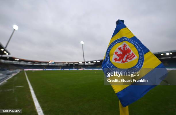 General view inside the stadium where an Eintracht Braunschweig corner flag is seen prior to the Second Bundesliga match between Eintracht...