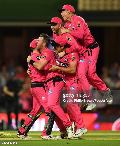 Josh Philippe , Dan Christian, Moises Henriques, James Vince and Daniel Hughes of Sixers celebrate after winning the Big Bash League Final match...