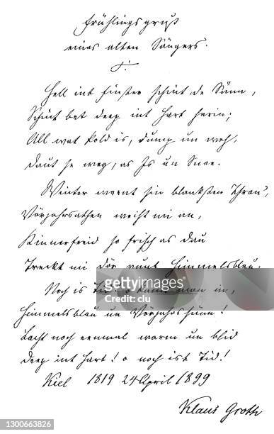 handwriting of klaus johann groth, german poet and writer, spring greetings - poet stock illustrations