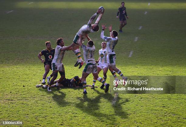 David Ribbans of Saints claims a high ball during the Gallagher Premiership Rugby match between Wasps and Northampton Saints at Ricoh Arena on...