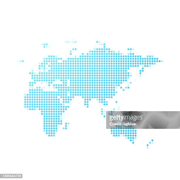 europe, asia, africa, oceania map in blue dots on white background - australia map stock illustrations