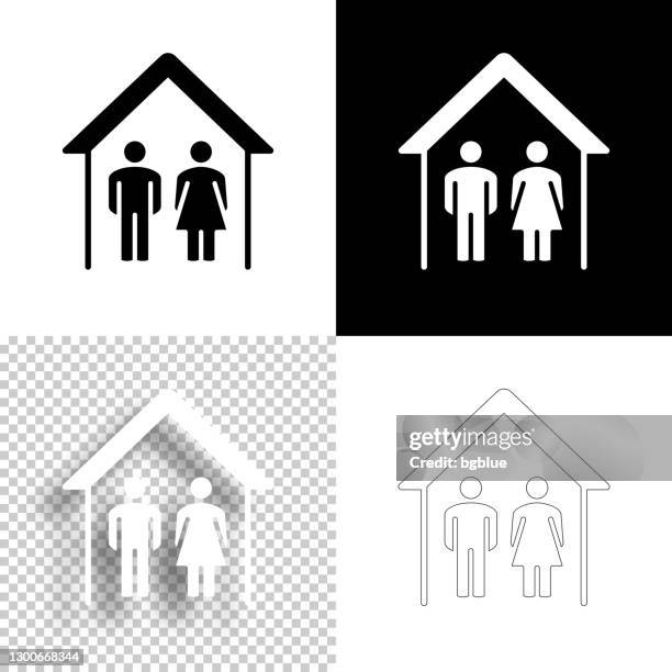 ilustraciones, imágenes clip art, dibujos animados e iconos de stock de pareja quedarse en casa. icono para el diseño. fondos en blanco, blanco y negro - icono de línea - quedarse en casa frase