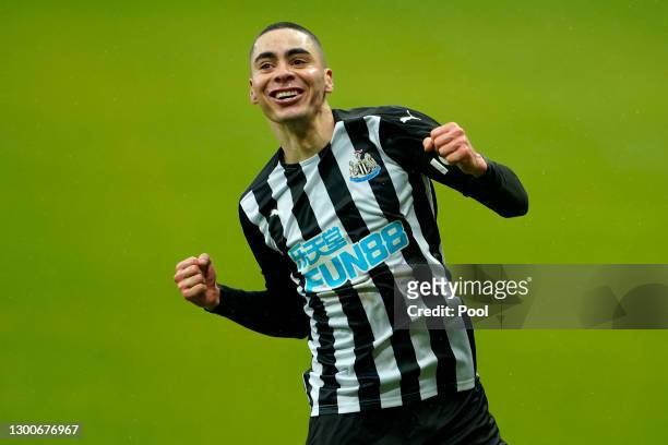 Miguel Almiron of Newcastle United celebrates after his team's second goal, an own goal by Jan Bednarek of Southampton during the Premier League...