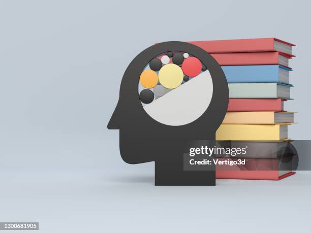 forma astratta della testa umana 3d con pila di libri - manuale foto e immagini stock