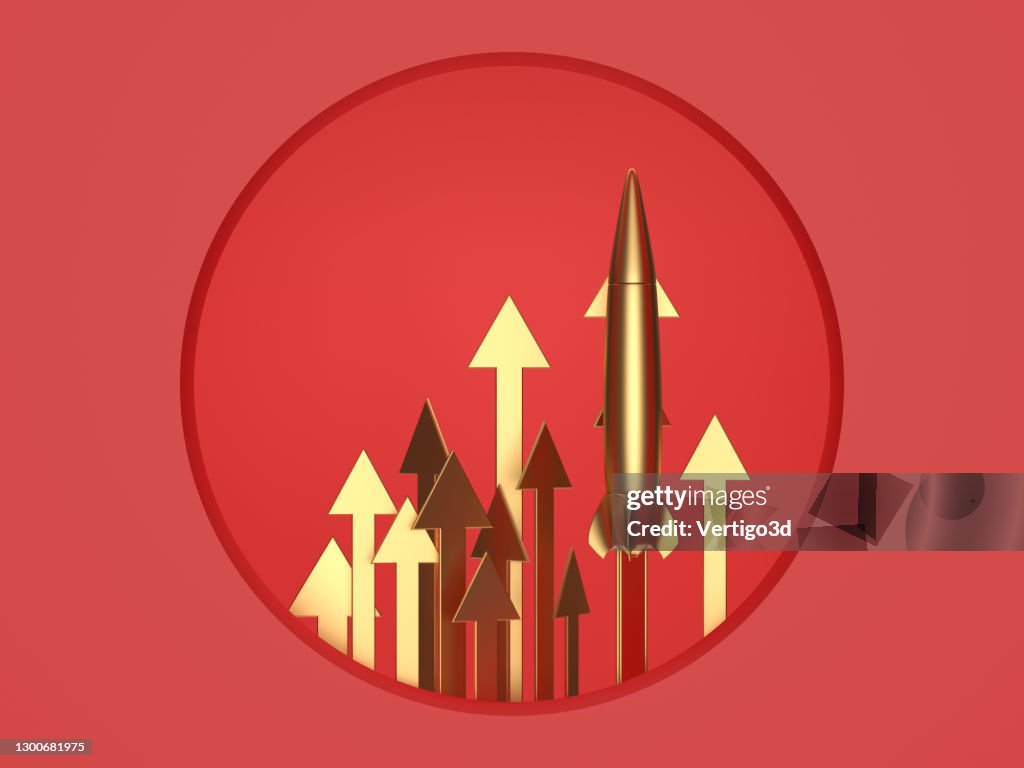 Abstract Golden 3d arrows with rocket on the red background