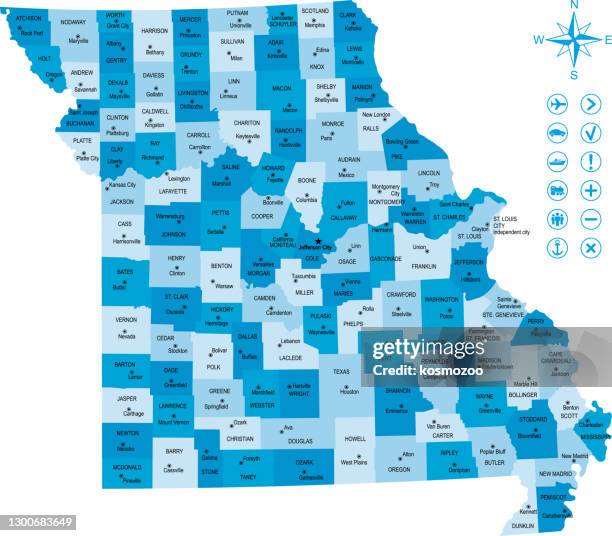 map of missouri with icons and key - missouri map stock illustrations