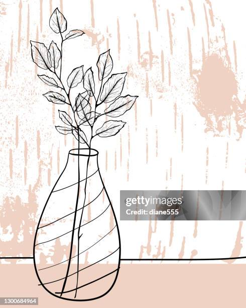 modern botanical drawing of plants in a vase - old table texture stock illustrations