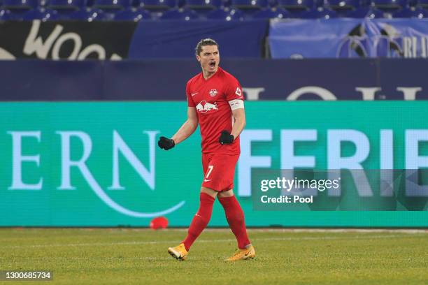 Marcel Sabitzer of RB Leipzig celebrates after scoring their side's second goal during the Bundesliga match between FC Schalke 04 and RB Leipzig at...