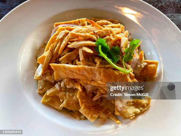 bowl of chilaquiles with totopos (tortilla corn chips), shredded chicken and salsa verde - chilaquiles fotografías e imágenes de stock