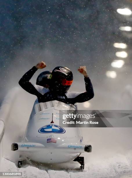 Kaillie Humphries of the United States celebrates after winning the gold medal during the IBSF World Championships 2021 Altenberg 2-Woman Bobsleigh...