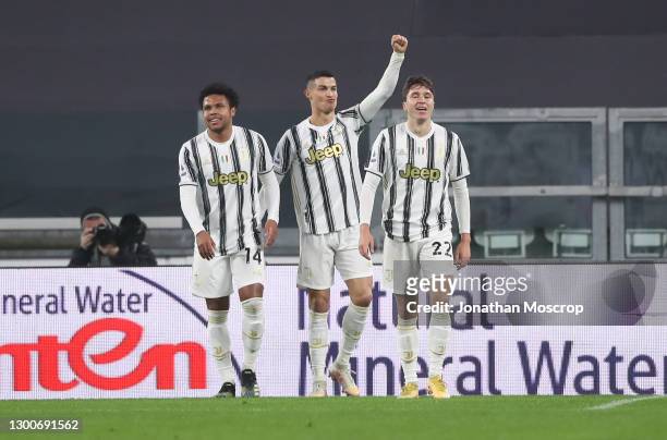 Cristiano Ronaldo of Juventus celebrates with team mates after scoring to give the side a 1-0 lead during the Serie A match between Juventus and AS...