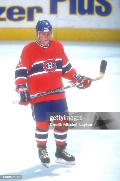 Saku Koivu of the Montreal Canadiens looks on during a hockey game against the Washington Capitals on March 4, 1995 at the USAir Arena in Landover,...