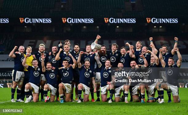 Scotland Captain Stuart Hogg of Scotland lifts the Calcutta Cup following their side's victory in the Guinness Six Nations match between England and...
