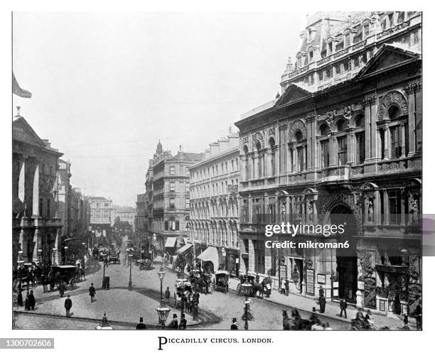 old illustration of piccadilly circus, london, england - 1900 london stockfoto's en -beelden