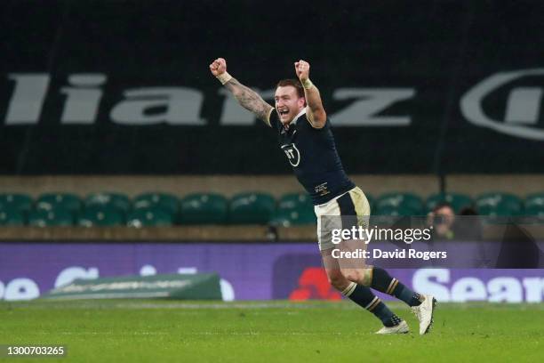 Stuart Hogg of Scotland celebrates following their side's victory after the Guinness Six Nations match between England and Scotland at Twickenham...