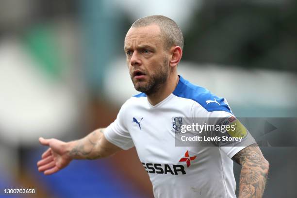 Jay Spearing of Tranmere Rovers reacts during the Sky Bet League Two match between Tranmere Rovers and Port Vale at Prenton Park on February 06, 2021...