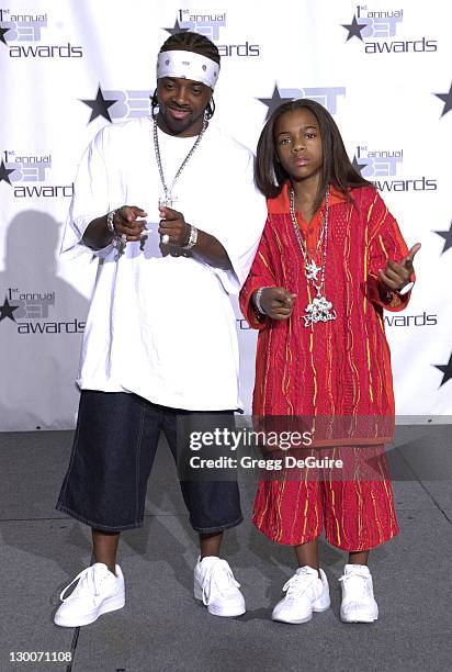 Jermaine Dupri & Lil' Bow Wow pose during the 1st Annual BET Awards June 19, 2001 at the Paris Hotel and...