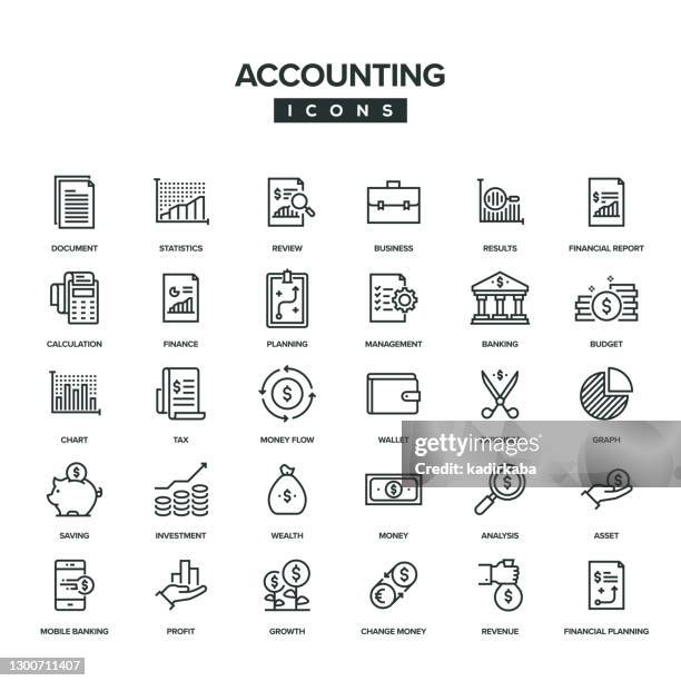 ilustraciones, imágenes clip art, dibujos animados e iconos de stock de conjunto de iconos de línea de contabilidad - cash flow