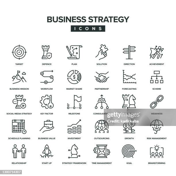 business strategy line icon set - consolidation stock illustrations