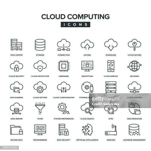 illustrazioni stock, clip art, cartoni animati e icone di tendenza di set di icone della linea di cloud computing - centro elaborazione dati