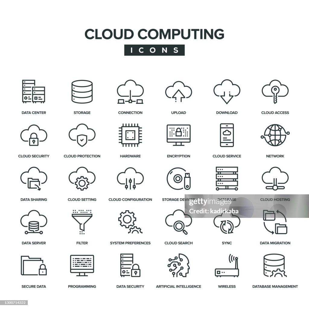Conjunto de ícones da linha de computação em nuvem