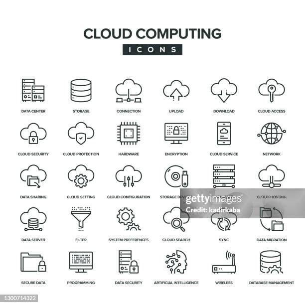 cloud computing line icon set - database stock illustrations