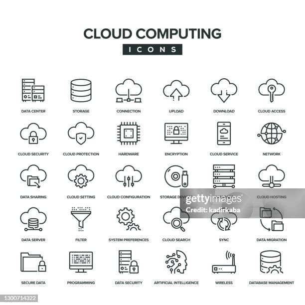 cloud computing line icon set - computer equipment stock illustrations