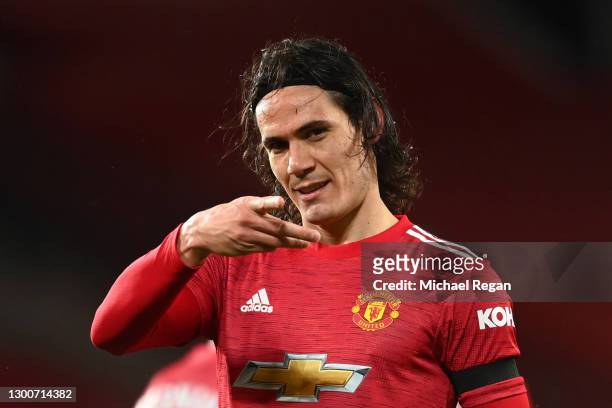 Edinson Cavani of Manchester United celebrates after scoring their team's first goal during the Premier League match between Manchester United and...