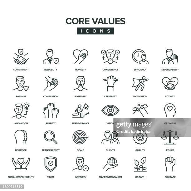 ilustraciones, imágenes clip art, dibujos animados e iconos de stock de conjunto de iconos de línea de valores principales - value