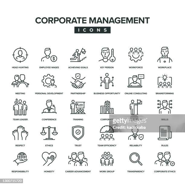 ilustraciones, imágenes clip art, dibujos animados e iconos de stock de conjunto de iconos de línea de gestión corporativa - value