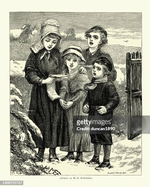 children singing christmas carol, victorian, 1870s, 19th century - carol stock illustrations