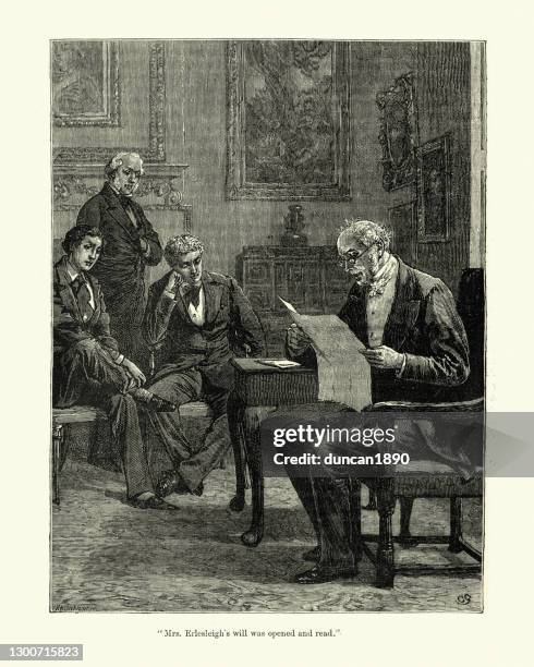 lawyer reading out a will, victorian 19th century - inheritance stock illustrations